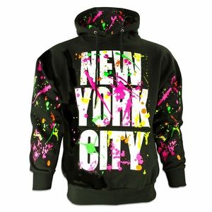 *BRAND NEW* White New York City Vibrant Colorful Neon Splater Paint Black Hoodie